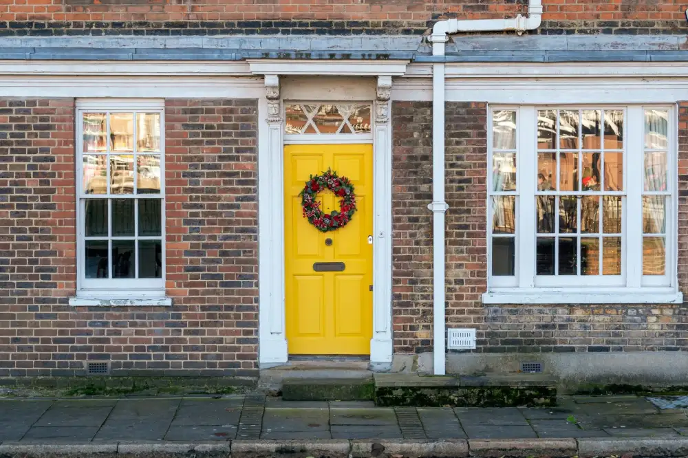 Yellow front door on a red-brick Victorian house – residential locksmith Sheffield front door security check by Locksmith Sheffield